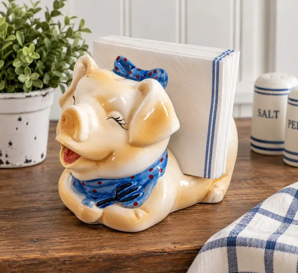 Whimsical Pig Napkin Holder Ceramic Chef Piggy Vintage Kitsch Farmhouse Kitchen